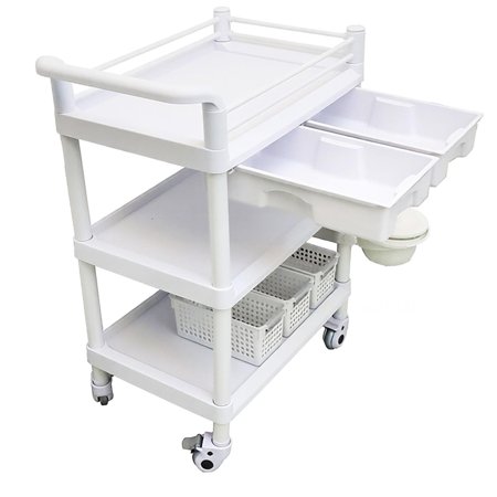 3 Tier Rolling Crash Cart, 330 LBS Max Load Mobile Medical Carts, Multi-Functional Mobile Storage Organizer with Handrail, Bucket, 2 Big Drawer for Clinic & Hospital Wards