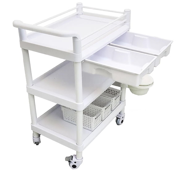 3 Tier Rolling Crash Cart, 330 LBS Max Load Mobile Medical Carts, Multi-Functional Mobile Storage Organizer with Handrail, Bucket, 2 Big Drawer for Clinic & Hospital Wards