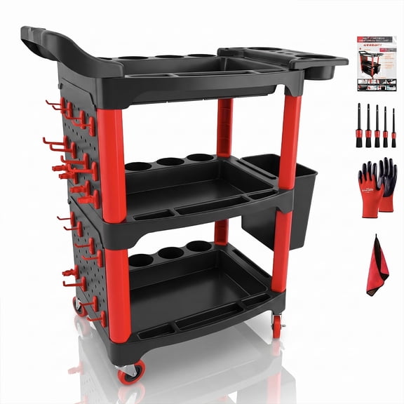 3 Tier Rolling Metal Utility Cart with Hanging Plate, Hooks, and Cat Ear Basket, 32.4in H x 18.11in L x 27.4in W