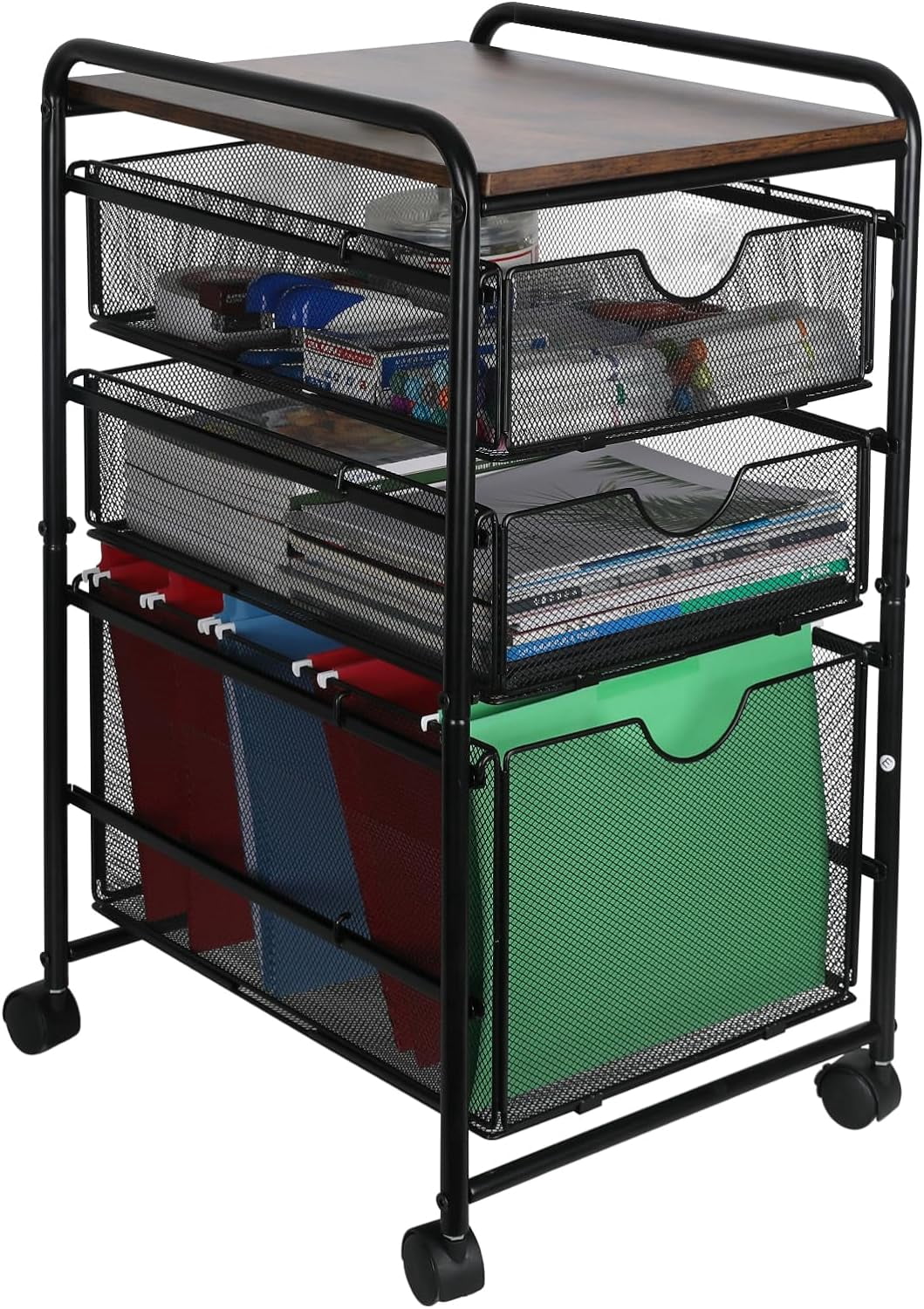 3-Tier Rolling File Cart with 1 Large & 2 Small Baskets – Adjustable ...