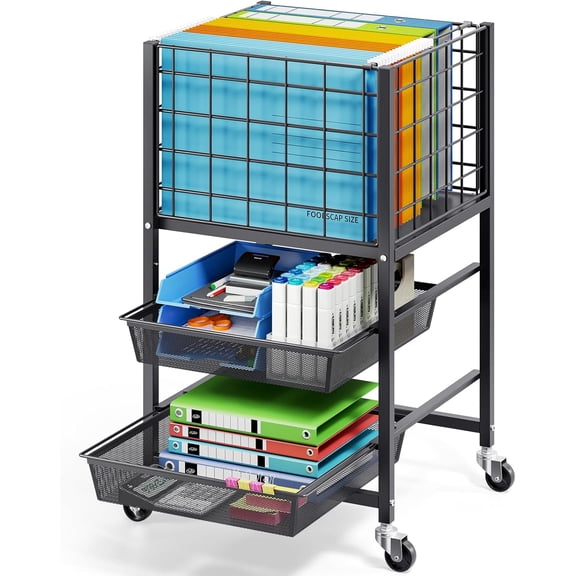 3-Tier Rolling File Cart, Metal Storage Drawer Cart with 2 Sliding File Trays, Adjustable Rod for Hanging Various File Sizes, File Organizer Cabinet on Wheels, for Office, Home, Classroom, Black
