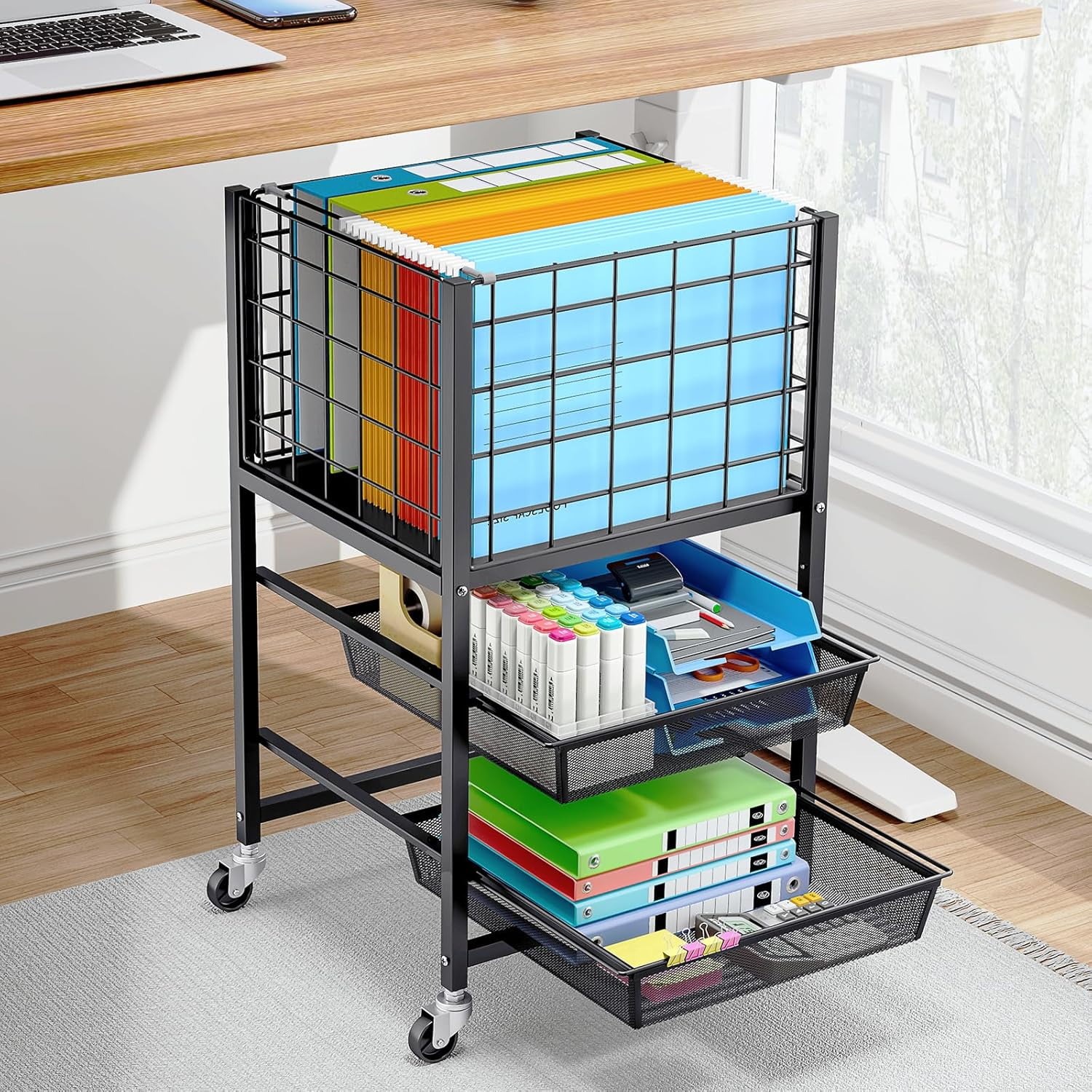 3-Tier Rolling File Cart, Metal Storage Drawer Cart with Sliding Trays ...