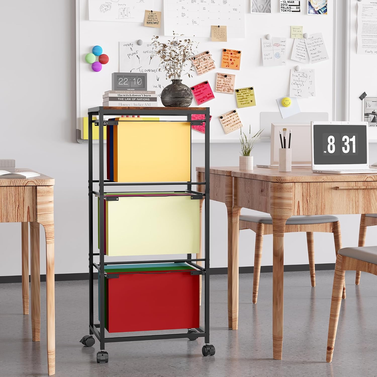 2 Tiers Metal Rolling File Carts Wheels Hanging Files Movable Pull-Out File Rack