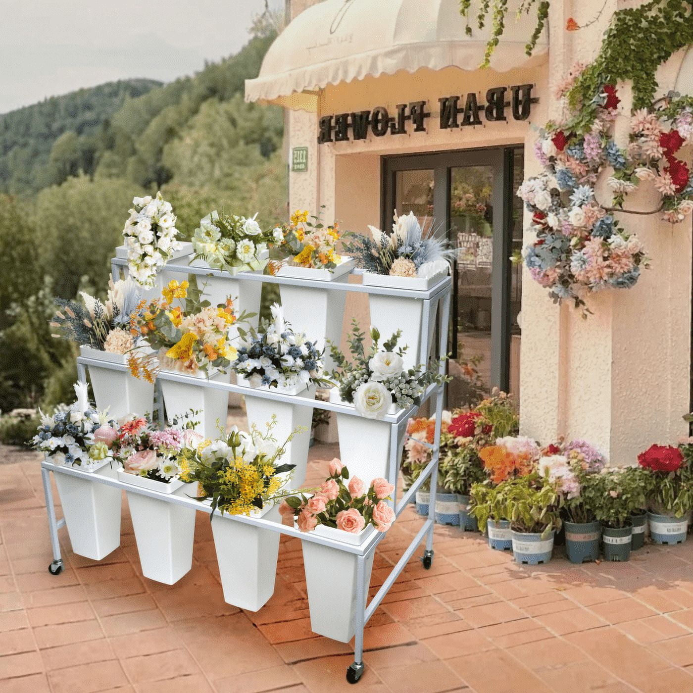 3-Tier Rolling Flower Rack with 12 Pots & Heavy-Duty Wheels – Sturdy ...