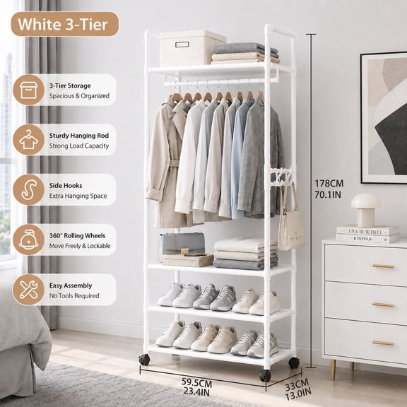 3-Tier Rolling Garment Rack with Hanging Rod, Storage Shelves, Side Hooks & Lockable Wheels for Bedroom and Closet