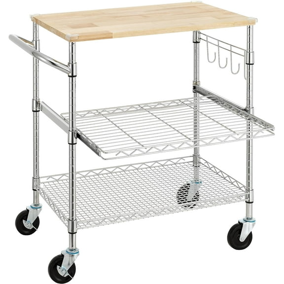 3-Tier Rolling Kitchen Cart With 18" D x 30" W Oak Wood Tabletop, Kitchen Island With 4" Wheels and Slider Shelf, Microwave & Coffee Cart With Hooks for Dining Room, Chrome