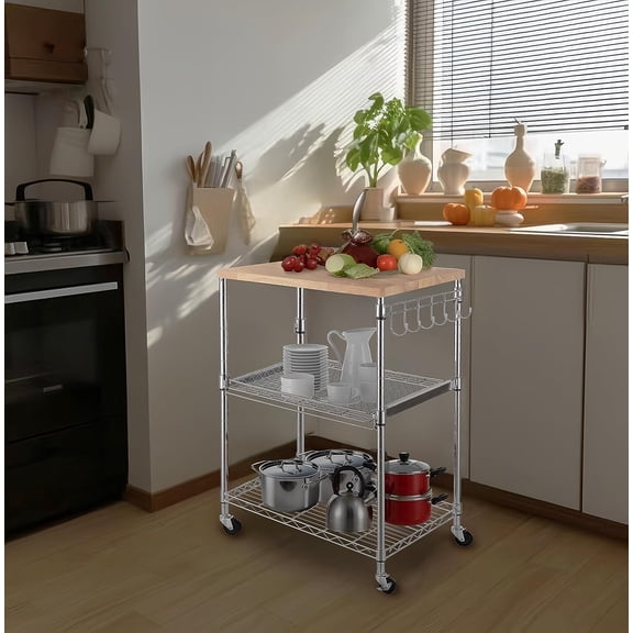 3-Tier Rolling Kitchen Cart, Microwave Cart with Oak Wood Tabletop and Drawer Slider, Coffee Cart & Food Service Cart with Hooks, Chrome