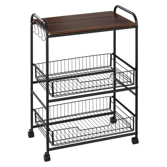 3 Tier Rolling Kitchen Cart with Storage, Kitchen Island Cart on Wheels with 2 Sliding Fruit Basket, Microwave Cart with Side for Dining Room, Walnut