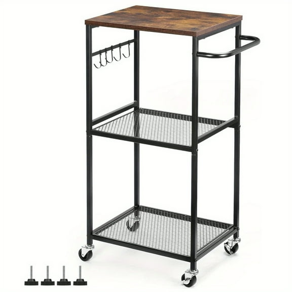 3-Tier Rolling Kitchen Cart with Wooden Top, Mobile Utility Cart with Wheels & Metal Frame for Kitchen, Living Room, Home Office