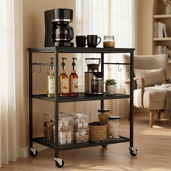3-Tier Rolling Kitchen Microwave Cart, Kitchen Utility Cart Lockable Wheels, Coffee Bar Table Station with 6 S-Shaped Hooks, Small Appliance Storage Shelf, Black
