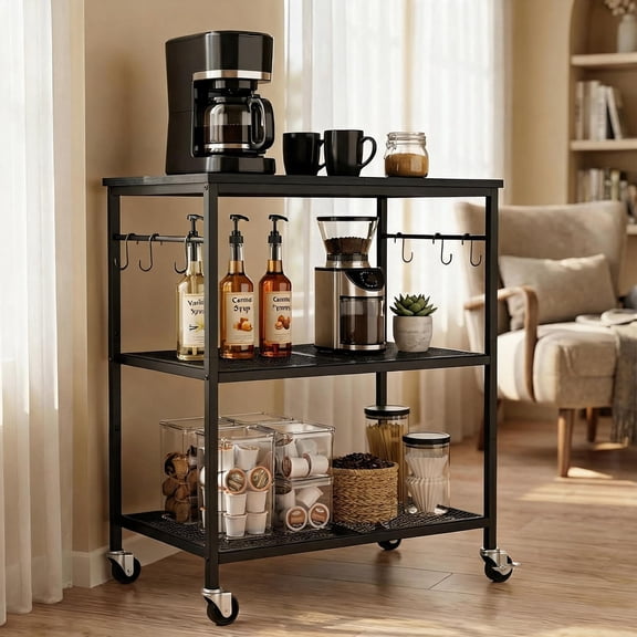 3-Tier Rolling Kitchen Microwave Cart with Lockable Wheels and 6 S-Shaped Hooks Black