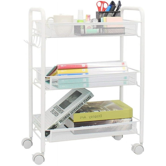 3 Tier Rolling Kitchen Storage Utility Cart on Wheels Multifunction Basket Stand Shelf for Bathroom Office, Full Metal Storage Art Trolley Craft Carts White