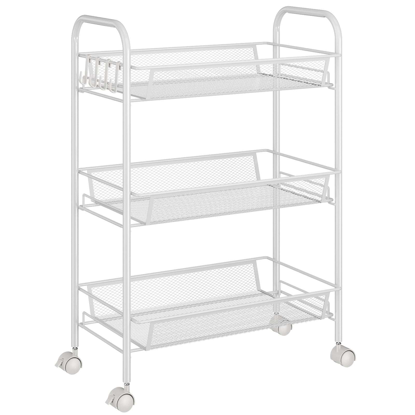 3-Tier Metal Slim Rolling Storage Cart, Bathroom Storage Organizer Rolling Utility/ Mobile Shelving Unit Slide Out Mesh Storage Cart for Office, Bathroom, Kitchen, Laundry Room & Narrow Places, White