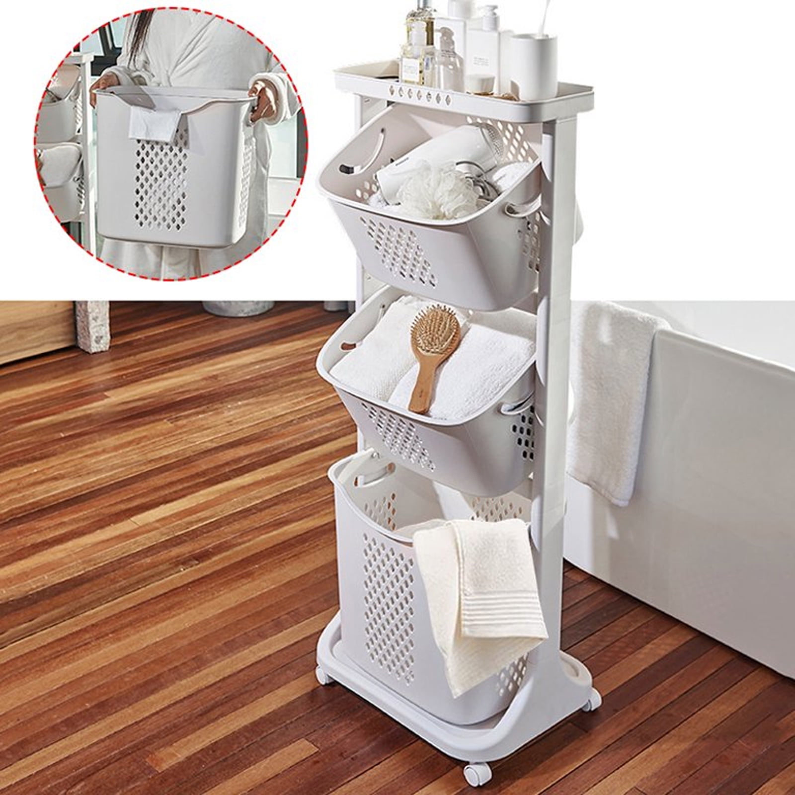 3 Tier Rolling Laundry Hamper Cart, Hollow Laundry Basket with Wheels