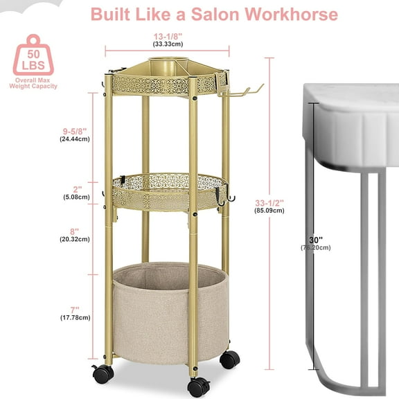 3-Tier Rolling Makeup Organizer Cart with Hair Dryer Holder - Salon-Grade Cosmetic Organizer, Mobile Bathroom Storage Cart for Skincare, Makeup Essentials -Locking Wheels (Gold Finish)