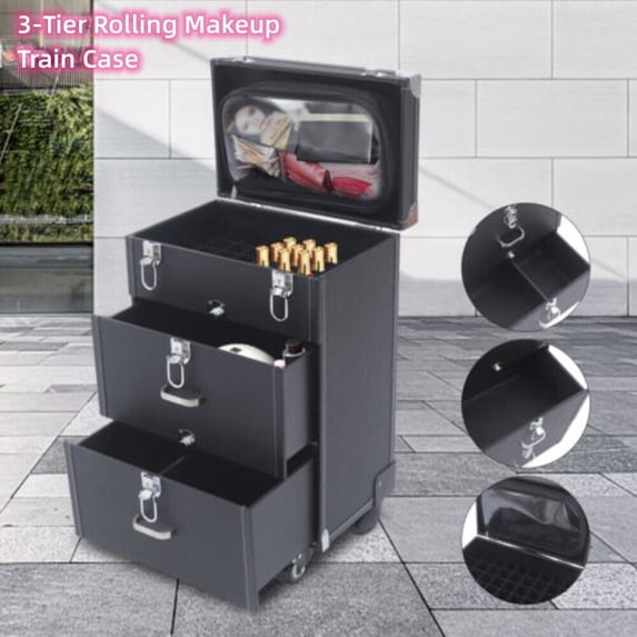 3-Tier Rolling Makeup Train Case Nail Polish Storage Box Organizer Cosmetics BOX Used for Make-Up Artists, Nail Technicians, Estheticians