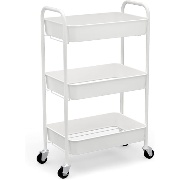 3-Tier Rolling Metal Storage Organizer - Mobile Utility Cart Kitchen Cart with Caster Wheels, White