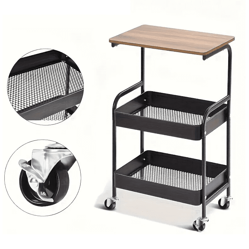 3-Tier Rolling Metal Utility Cart with Wooden Desktop, Lockable Wheels, Multifunctional Storage Rack & Printer Stand for Kitchen Office Bedroom Living Room