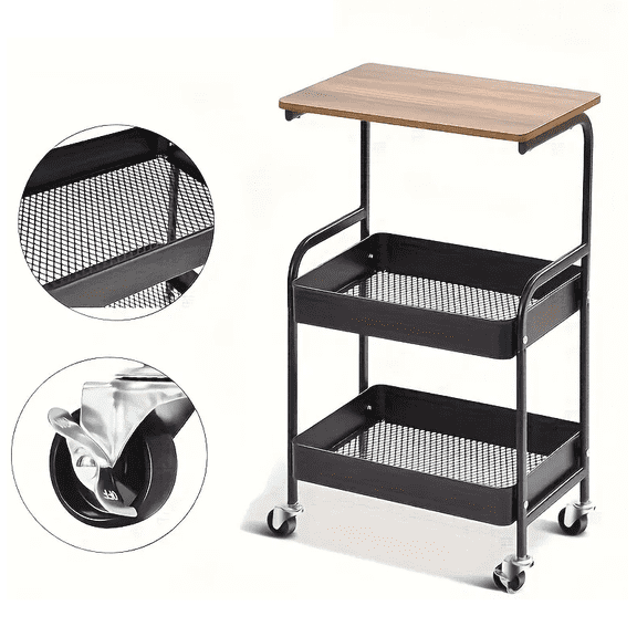 3-Tier Rolling Metal Utility Cart with Wooden Desktop, Lockable Wheels, Multifunctional Storage Rack & Printer Stand for Kitchen Office Bedroom Living Room