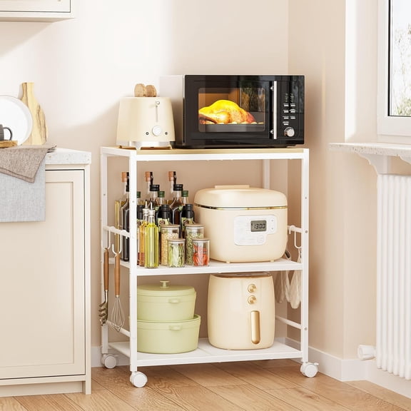 3-Tier Rolling Microwave Cart with Adjustable Shelf and Lockable Wheels, Oak White