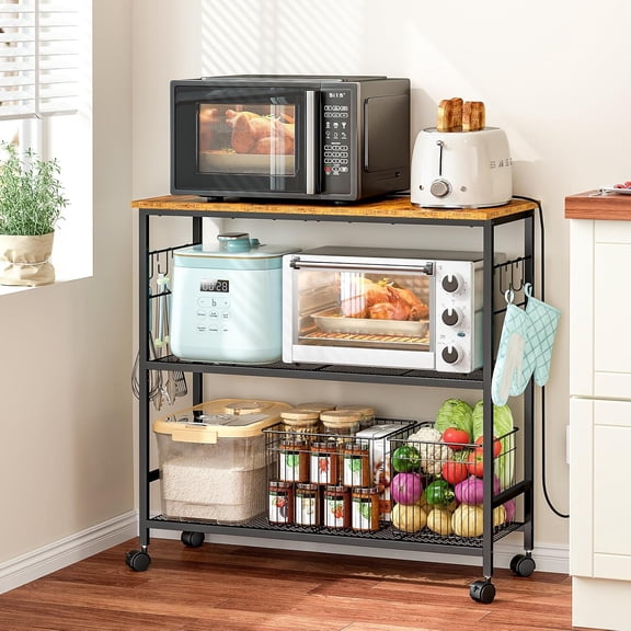 3 Tier Rolling Microwave Cart with Adjustable Shelf and Lockable Wheels