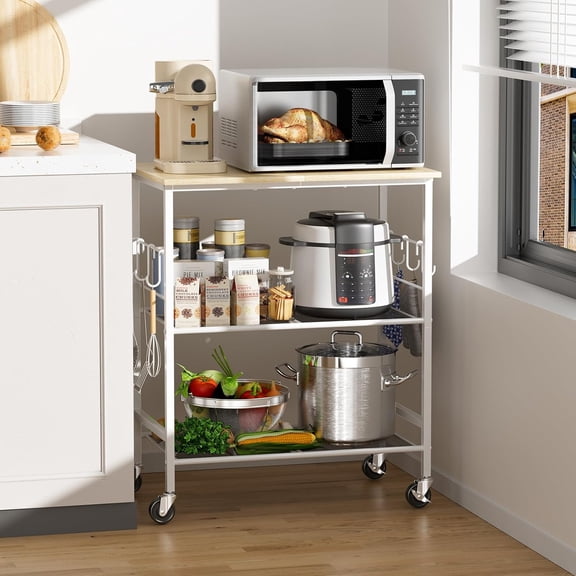 3 Tier Rolling Microwave Cart with Storage and 6 Hooks, White