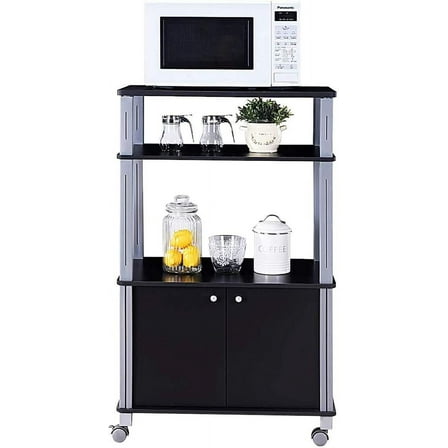 3-Tier Rolling Microwave Oven Stand with Utility Shelves Cabinet, Multifunctional Kitchen Baker’s Rack Spice Workstation Organizer Storage Cart for Home Dining Room Commercial Use (Black)