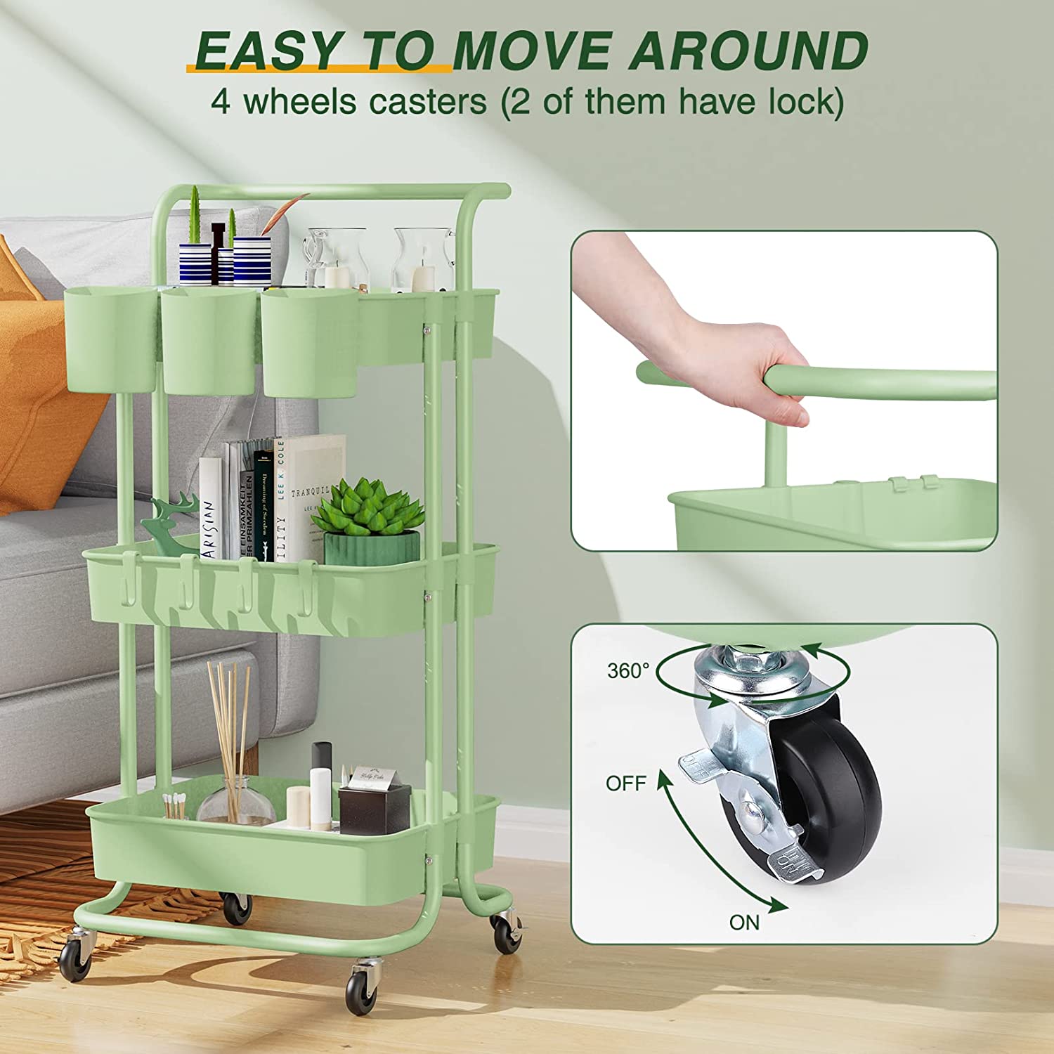 3-Tier Rolling Mobile Utility Cart – Multifunctional Storage Trolley ...