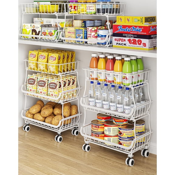 3-Tier Rolling Pantry Floor Organizer and Storage Cart with Wheels, Stackable Wire Baskets for Shelves, Kitchen Rack Fruit Basket Stand Snack Onion Potato