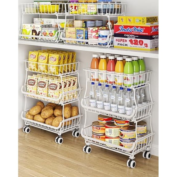 3-Tier Rolling Pantry Floor Organizer and Storage Cart with Wheels, Stackable Wire Pantry Baskets for Pantry Shelves, Kitchen Storage Rack and Fruit Basket Stand for Fruit Snack Onion Potato