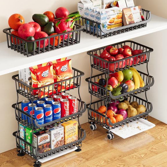 3 Tier Rolling Pantry Floor Organizers and Storage Cart with Wheels, Stackable Wire Fruit Basket Stand for Kitchen Organization, Three Tiered Pantry Storage Rack for Snack, Vegetable, Produce, Fruits