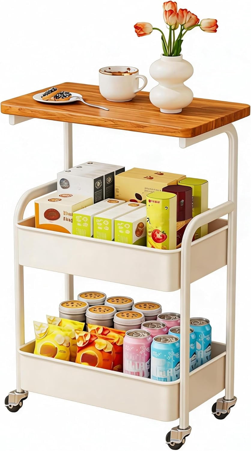3 Tier Rolling Pantry Storage Cart with Wooden Tabletop, Metal Storage ...