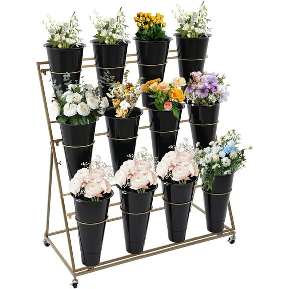 3-Tier Rolling Plant Stand, Flower Cart Display Stand with Wheels, 3 Layers Plant Cart With 12 Removable Buckets for Indoor, Outdoor Patio Garden, Living Room, Florist (Golden, Black)