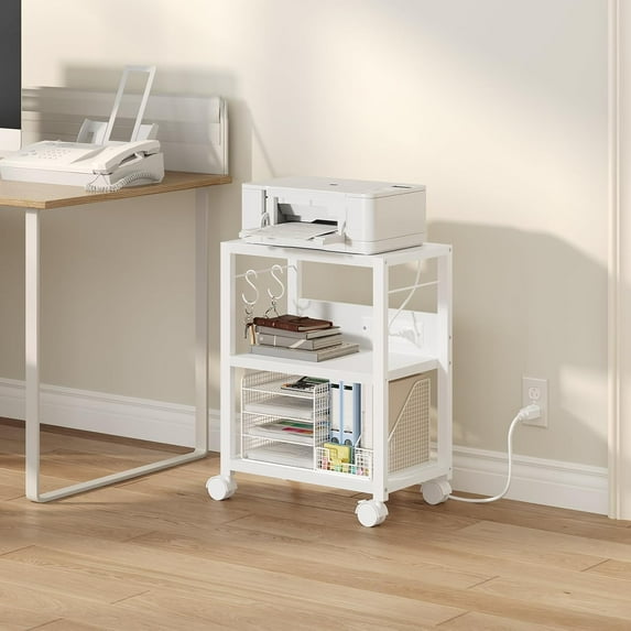 3-Tier Rolling Printer Cart with Power Outlets and USB Ports, White Industrial Printer Stand for Office and Home