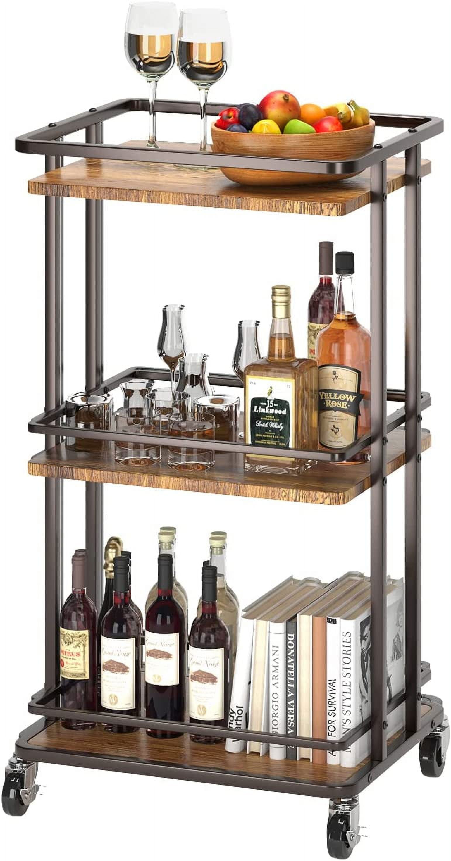 Rolling Wooden Bar Cart With Wheels – 3 Shelves, 3 Drawers, Oak/Gray, Mobile Storage