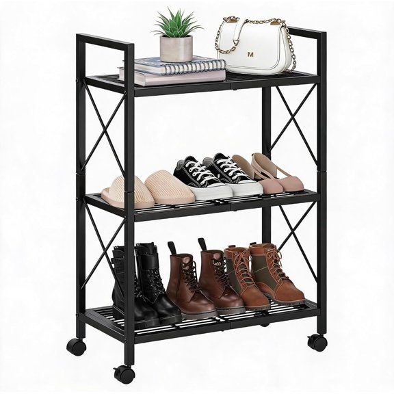 3-Tier Rolling Shoe Rack with Wheels, Metal Frame Storage Cart with Non-Woven Shelves