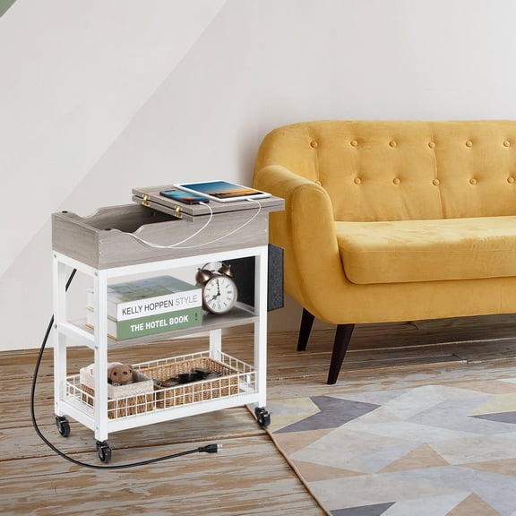 3-Tier Rolling Side Table with Power Outlet, Flip-Top Storage Drawer & Lockable Wheels - White & Silver Modern Nightstand or Living Room Cart