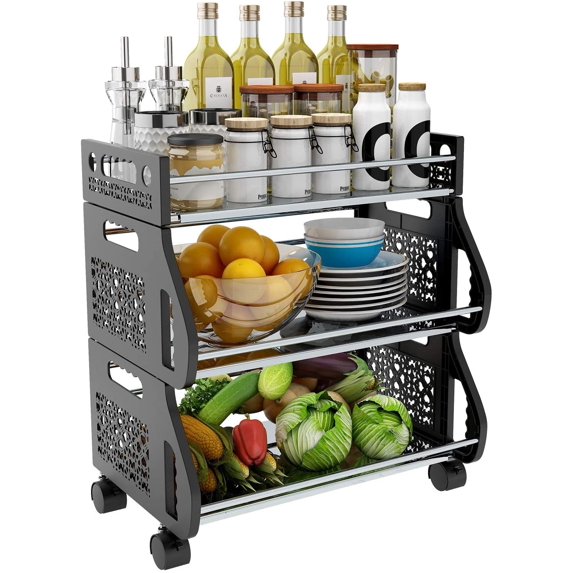 3-Tier Rolling Stackable Vegetable Fruit Basket Utility Cart Rack