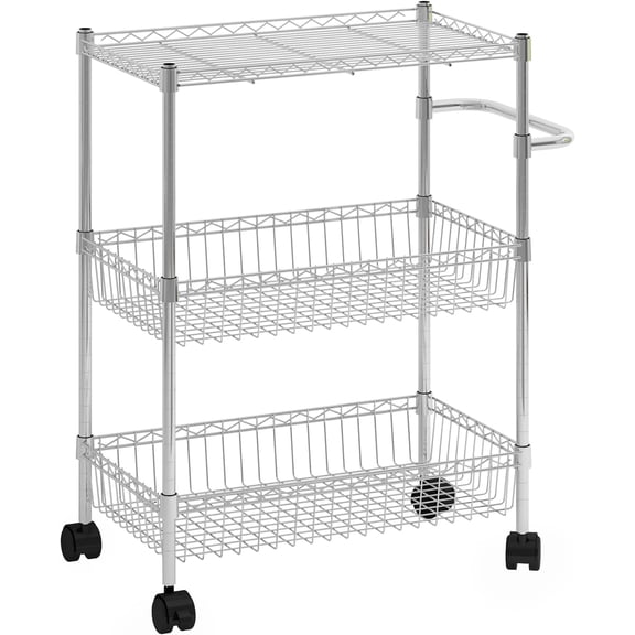 3-Tier Rolling Storage Cart Adjustable Metal Shelving Unit with Basket and Handle 110 lbs Capacity for Kitchen Bathroom and Pantry silver