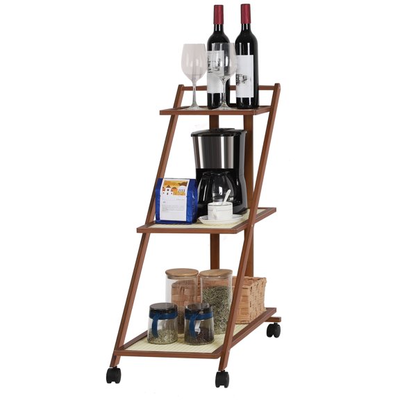 3-Tier Rolling Storage Cart, Bamboo & Rattan A-Frame Utility Cart with Wheels for Kitchen, Bathroom, and Living Room