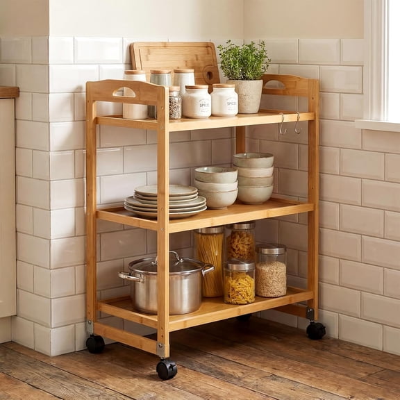 3-Tier Rolling Storage Cart, Bamboo Utility Cart w/ 3 Side Hooks & Adjustable Shelves, Multifunctional Kitchen Cart on 2 Lockable Wheels for Living Dining Room, Laundry, Bathroom, Office Art
