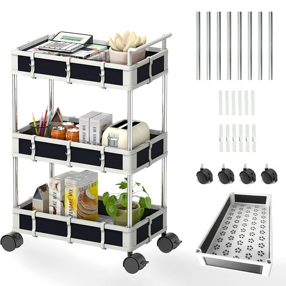 3 Tier Rolling Storage Cart Kitchen or Bathroom Organizer with Wheels & Handle Adjustable up from 2 to 4 Tier Rolling Cart Cabinet Organizer Under Table Storage Under Desk Organizer Large Capacity