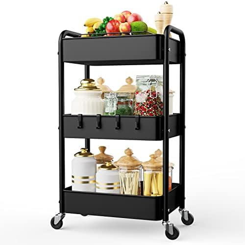 3 Tier Rolling Storage Cart, Metal Trolley Utility Cart with Wheels & Hooks, Easy Assembly Organizer Storage Cart for Bathroom Kitchen Office Bedroom Black