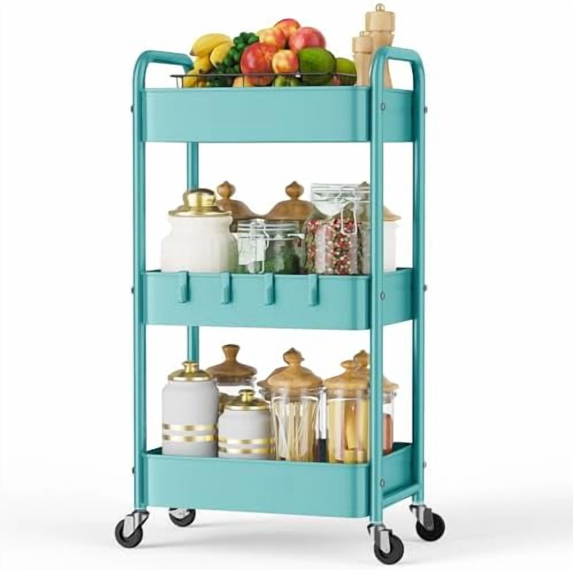 3 Tier Rolling Storage Cart, Metal Trolley Utility Cart with Wheels & Hooks, Easy Assembly Organizer Storage Cart for Bathroom Kitchen Office Bedroom Blue