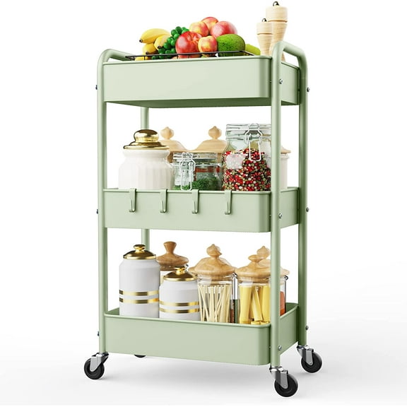 3 Tier Rolling Storage Cart, Metal Trolley Utility Cart with Wheels & Hooks, Easy Assembly Organizer Storage Cart for Bathroom Kitchen Office Bedroom (Green)