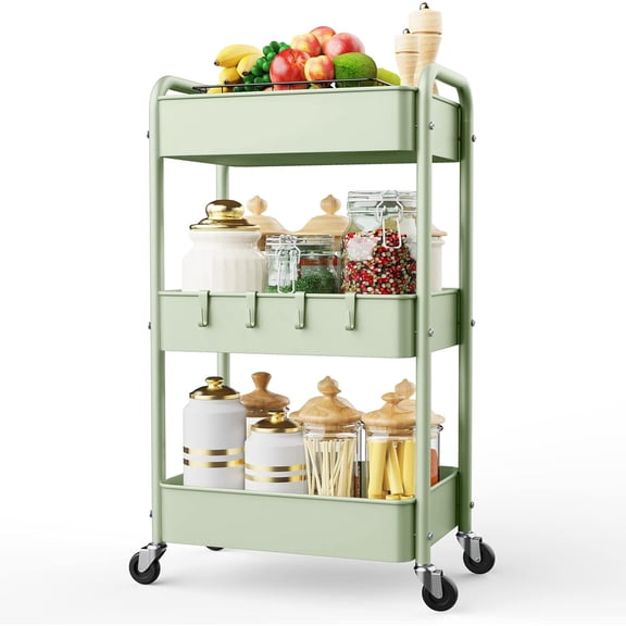 3 Tier Rolling Storage Cart, Metal Trolley Utility Cart with Wheels & Hooks, Easy Assembly Organizer Storage Cart for Bathroom Kitchen Office Bedroom (Green)