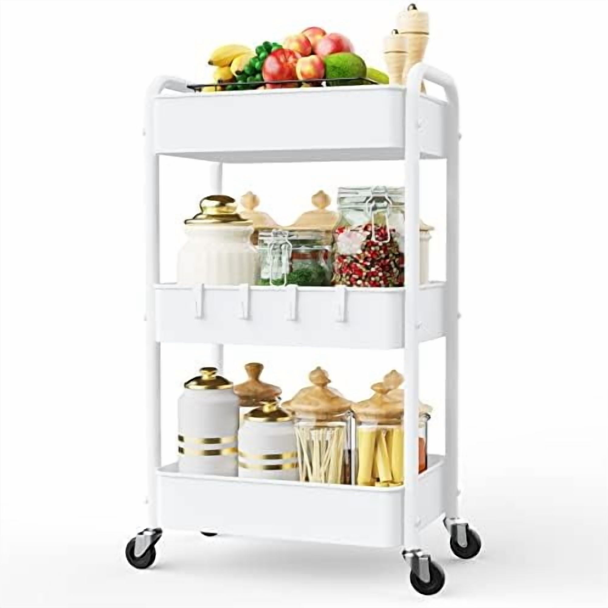 3 Tier Rolling Storage Cart, Metal Trolley Utility Cart with Wheels & Hooks, Easy Assembly Organizer Storage Cart for Bathroom Kitchen Office Bedroom White