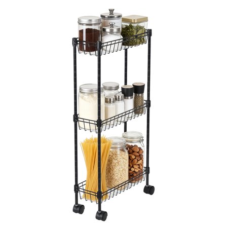 3-Tier Rolling Storage Cart, Metal Utility Cart on Wheels, Multi-Functional Adjustable Shelving Unit Basket Rack for Kitchen Office Bedroom Pantry Corner, 15.75x5.91x31.5 in, Black