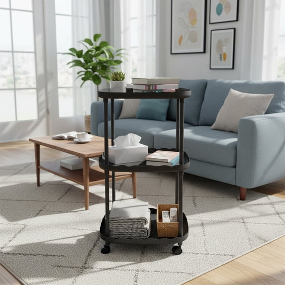 3-Tier Rolling Storage Cart, Mobile Side Table with Wheels for Living Room Bedroom and Office, Space-Saving Bedside Organizer Utility Rack for Home Storage
