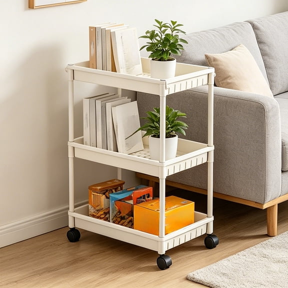 3 Tier Rolling Storage Cart with Perforated Trays Multipurpose Utility Organizer for Home Office Living Room Kitchen Plastic Mobile Shelf Unit on Wheels for Books Plants Small Items